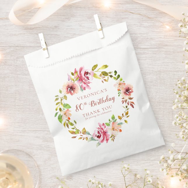Watercolor Floral 80th Birthday Thank You  Favour Bags (Clipped)