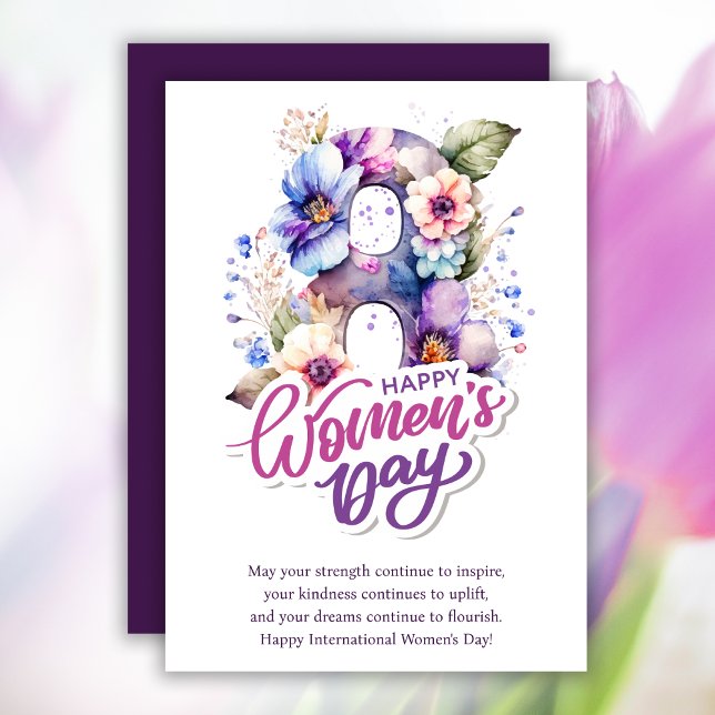 Watercolor Floral 8 March International Womens Day Holiday Card (Creator Uploaded)
