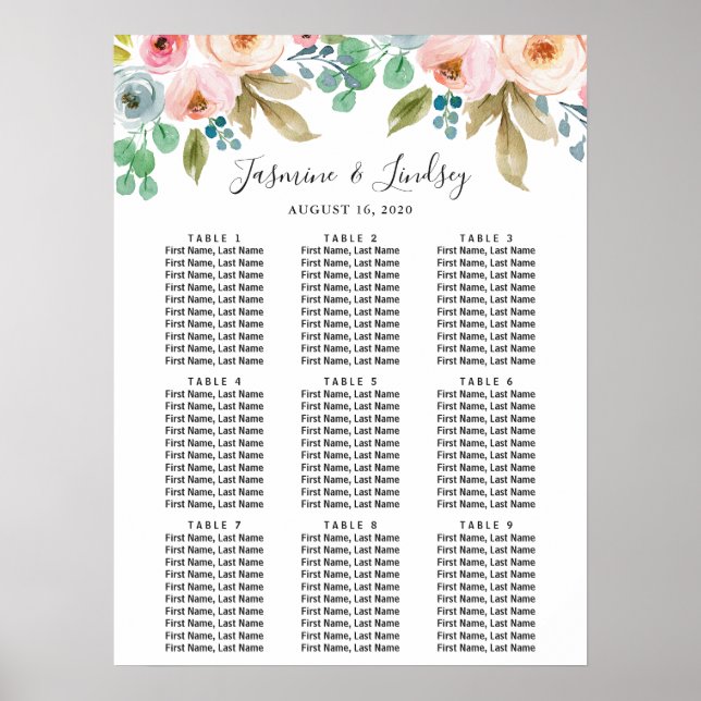 Watercolor Floral 9 Tables Wedding Seating Chart (Front)
