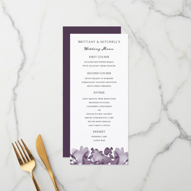 Watercolor Floral Amethyst Wedding Menu (Front/Back In Situ)