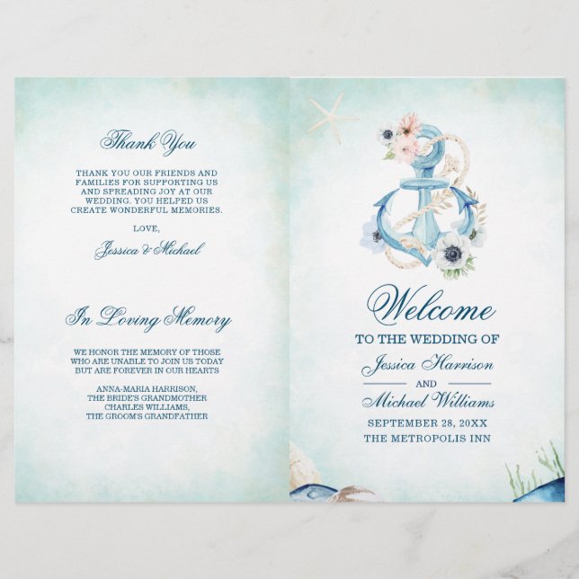 Watercolor Floral Anchor Starfish Beach Wedding (Front)