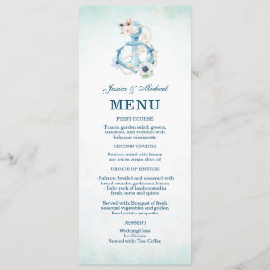 Watercolor Floral Anchor Teal Beach Wedding Menu