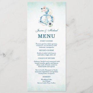 Watercolor Floral Anchor Teal Beach Wedding Menu