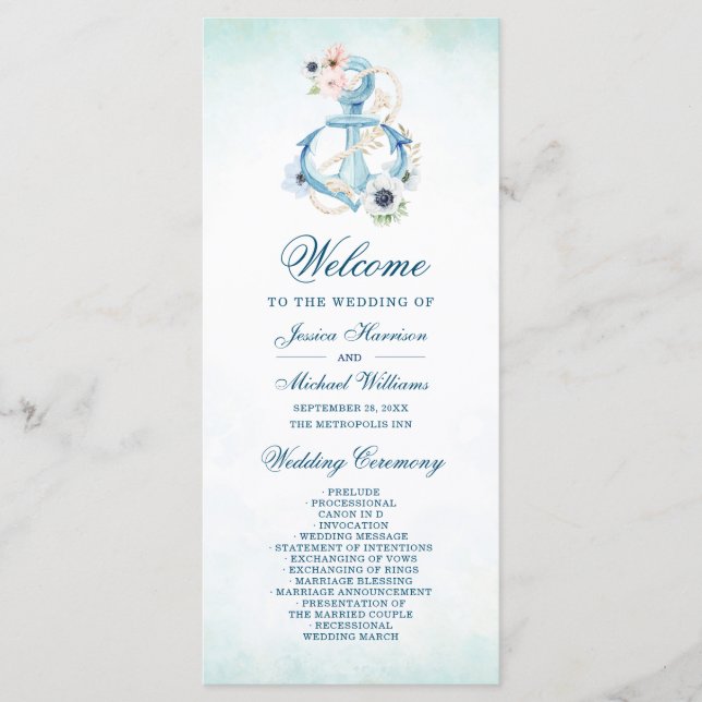 Watercolor Floral Anchor Teal Beach Wedding Programme (Front)