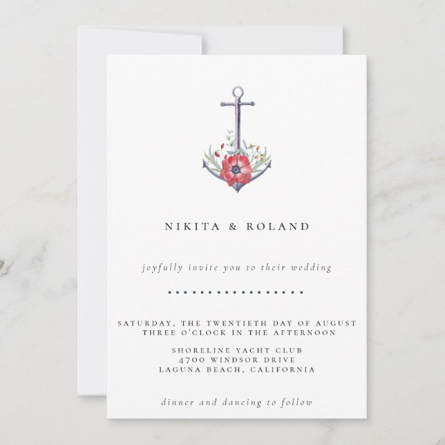 Watercolor Floral Anchor Wedding Invitation (Front)