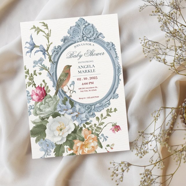 Watercolor floral and bird frame Baby Shower Invitation (Creator Uploaded)