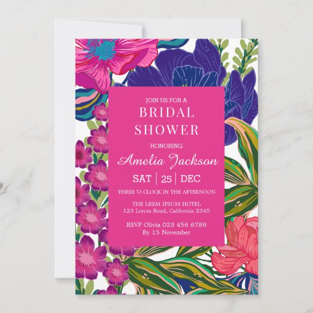 Watercolor floral and botanical pink bridal shower invitation (Front)