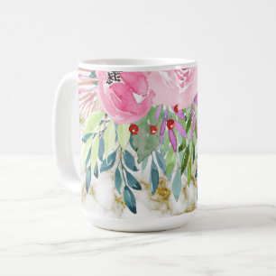 Watercolor Floral and Golden Marble Coffee Mug
