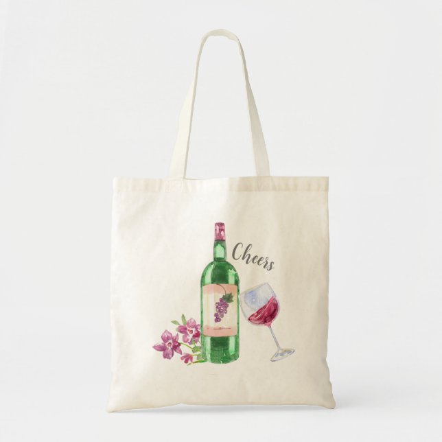 Watercolor Floral and Red Wine Design Tote Bag (Front)