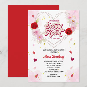 watercolor floral arch heart pink red baby shower invitation