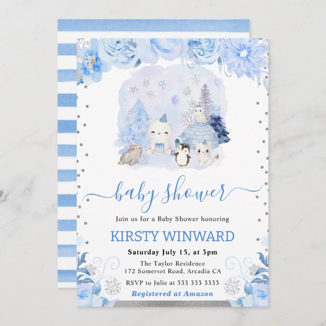 Watercolor Floral Arctic Animals Baby Shower Invitation (Front/Back)
