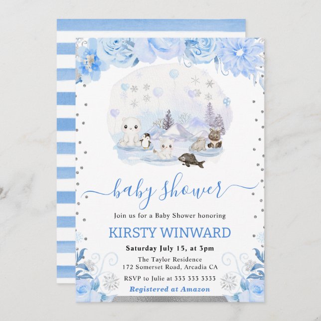 Watercolor Floral Arctic Animals Baby Shower Invitation (Front/Back)