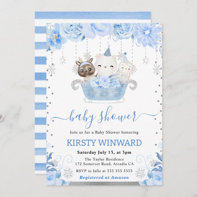 Watercolor Floral Arctic Animals Baby Shower Invitation (Front/Back)