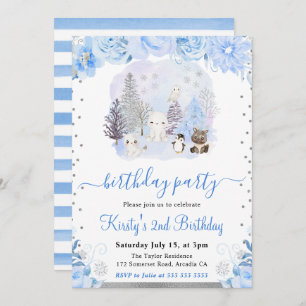 Watercolor Floral Arctic Animals Birthday Invitation