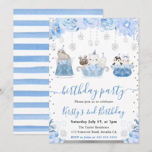 Watercolor Floral Arctic Animals Birthday Invitation