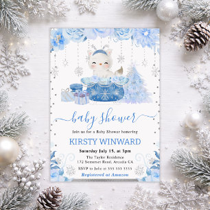 Watercolor Floral Arctic Fox Baby Shower Invitation
