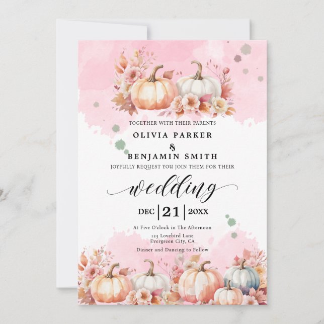 Watercolor Floral Autumn Pink Pumpkin Fall Wedding Invitation (Front)