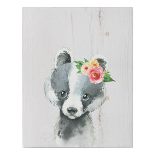 Watercolor Floral Baby Badger, Woodland Animal Faux Canvas Print