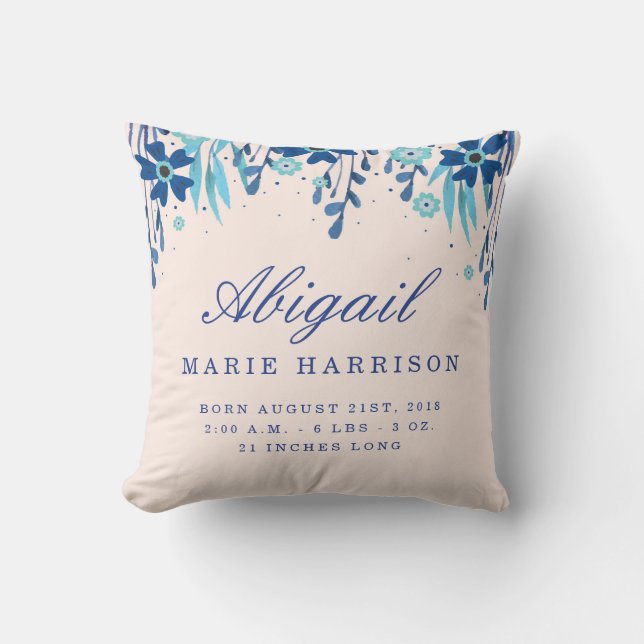 Watercolor Floral Baby Birth Announcement Pillow (Front)