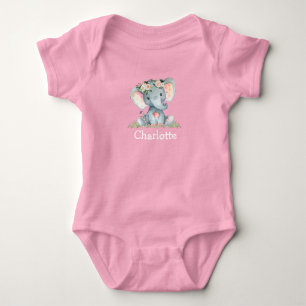 Watercolor Floral Baby Elephant Baby Pink White Bodysuit