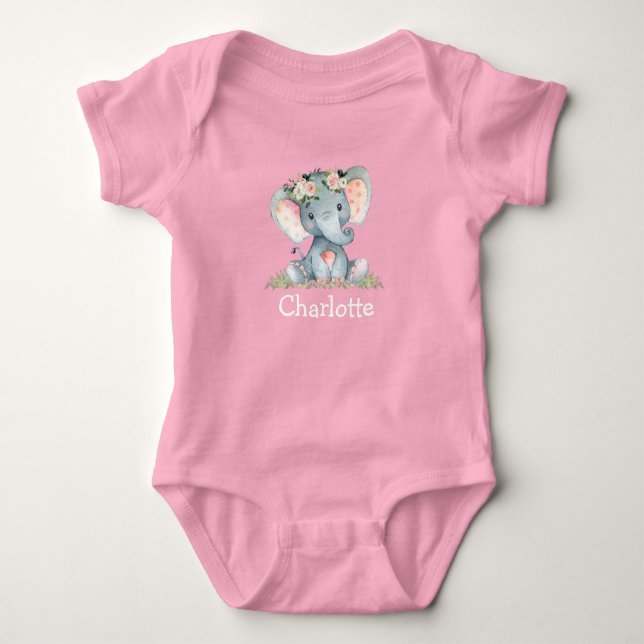 Watercolor Floral Baby Elephant Baby Pink White Bodysuit (Front)
