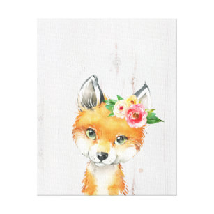 Watercolor Floral Baby Fox, Woodland Animals Canvas Print