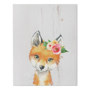Watercolor Floral Baby Fox, Woodland Animals Faux Canvas Print