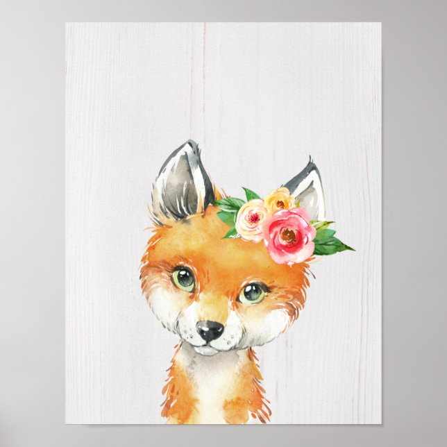 Watercolor Floral Baby Fox, Woodland Animals Poster (Front)