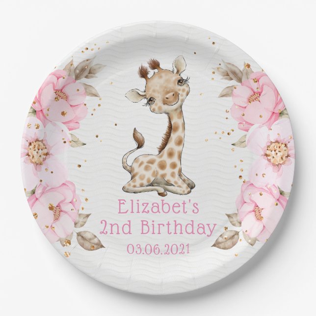Watercolor Floral Baby Giraffe Peony Birthday Paper Plate (Front)