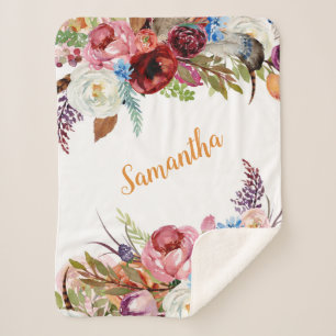 Watercolor Floral Baby Girl Pink Orange Name Sherpa Blanket