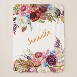 Watercolor Floral Baby Girl Pink Orange Name Sherpa Blanket