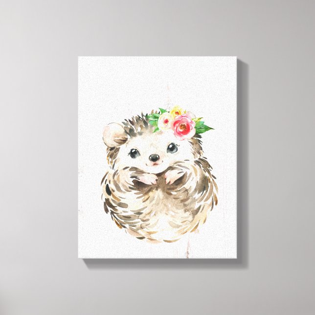 Watercolor Floral Baby Hedgehog, Woodland Animals Canvas Print (Front)