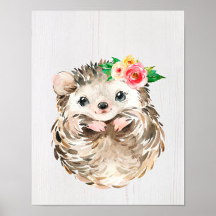 Watercolor Floral Baby Hedgehog, Woodland Animals Poster