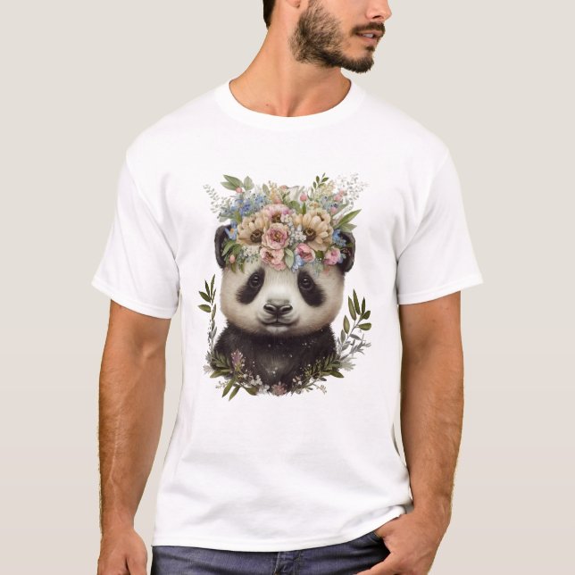 Watercolor Floral Baby Panda Cute T-Shirt (Front)
