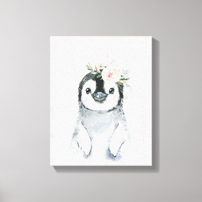 Watercolor Floral Baby Penguin Snowy Animals Canvas Print (Front)