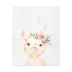 Watercolor Floral Baby Pig Farm Animal Canvas Print