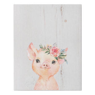 Watercolor Floral Baby Pig, Farm Animal Faux Canvas Print