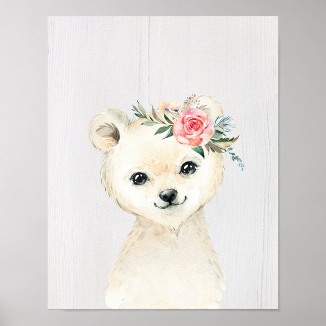 Watercolor Floral Baby Polar Bear Snowy Animals Poster (Front)