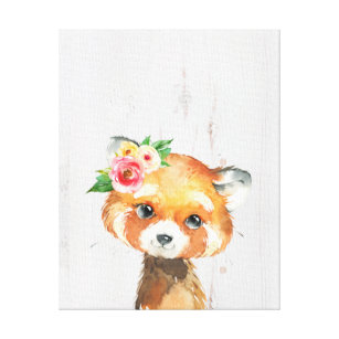 Watercolor Floral Baby Red Panda Baby Animals Canvas Print