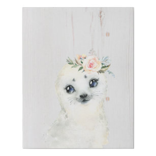 Watercolor Floral Baby Seal Snowy Animals Faux Canvas Print