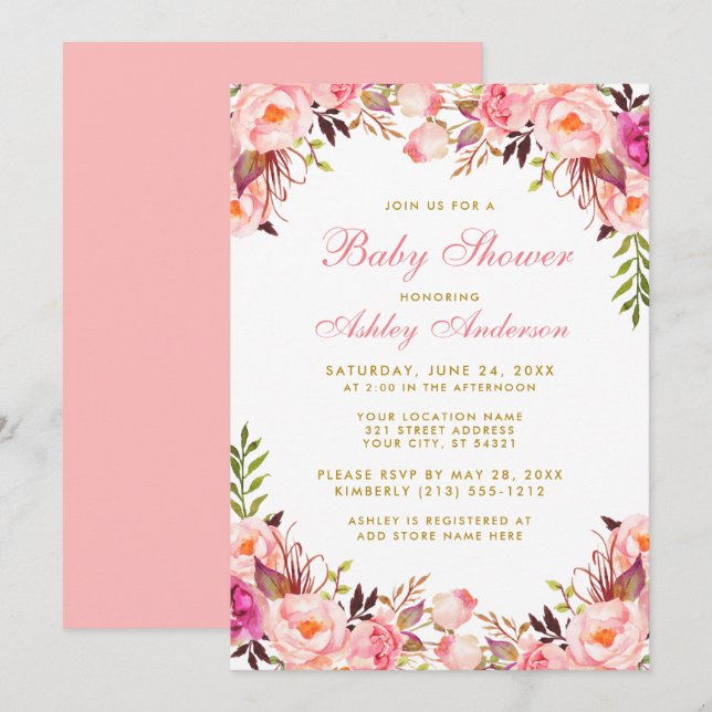Watercolor Floral Baby Shower Pink and Gold Invitation (Front/Back)