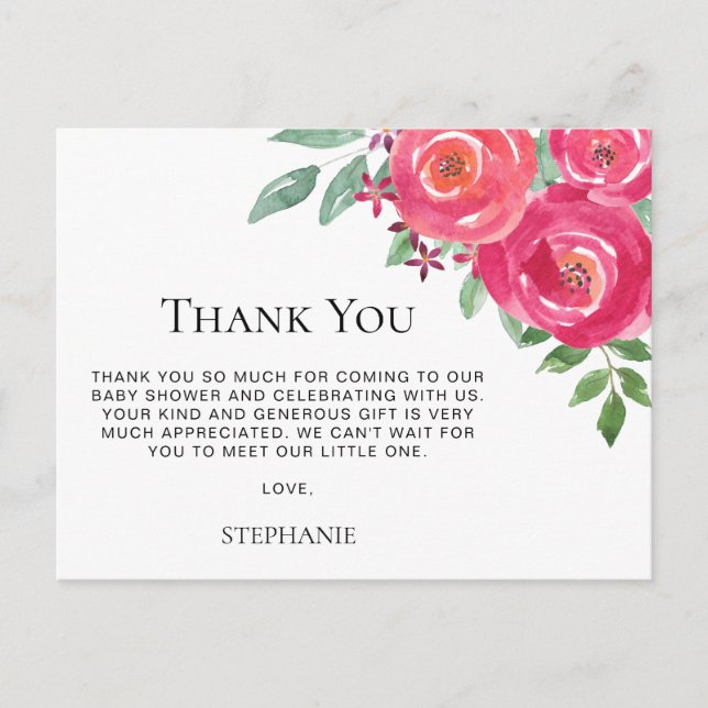 Watercolor Floral Baby Shower Thank You Postcard (Front)