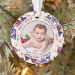 Watercolor Floral Baby's First Christmas Photo Ornament<br><div class="desc">A beautiful watercolor blush pink, burgundy and dark lavender to purple floral wreath surrounds your precious baby's photo in centre framed by a dark lavender inner ring and a blush pink outer circular ring and the text "Baby's First Christmas". Simply add your baby's name at the bottom and the year...</div>