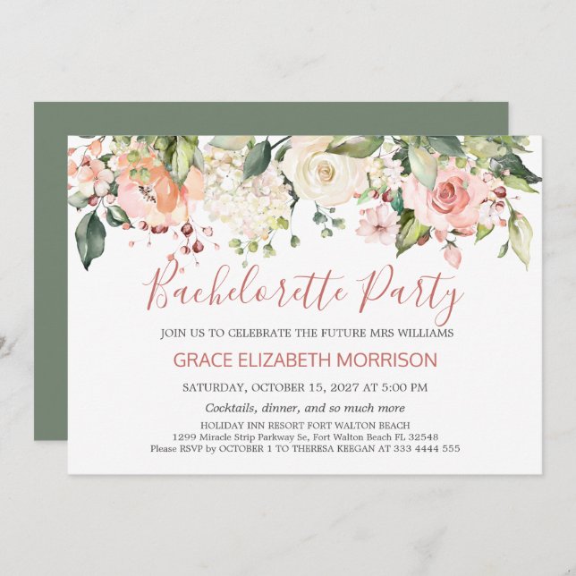 Watercolor floral Bachelorette Party Invitation (Front/Back)