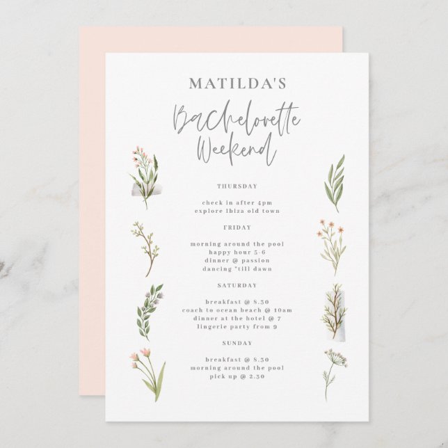 Watercolor floral bachelorette weekend itinerary (Front/Back)