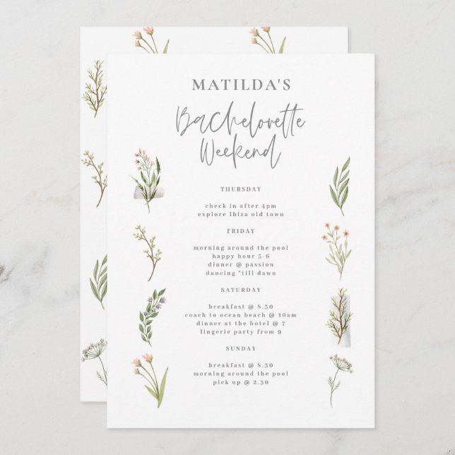 Watercolor floral bachelorette weekend itinerary (Front/Back)