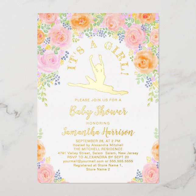 Watercolor Floral Ballerina Baby Shower Pink Gold (Front)