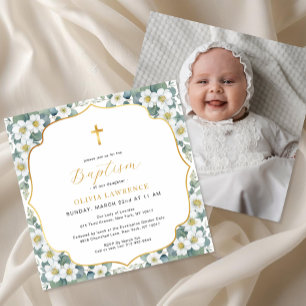 Watercolor Floral Baptism Gold Cross  Invitation