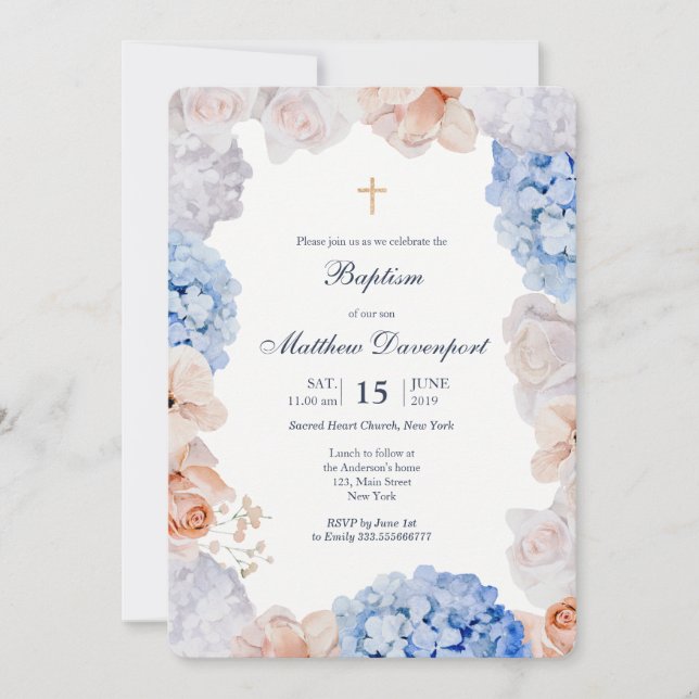 Watercolor Floral Baptism invitation boy and girl (Front)