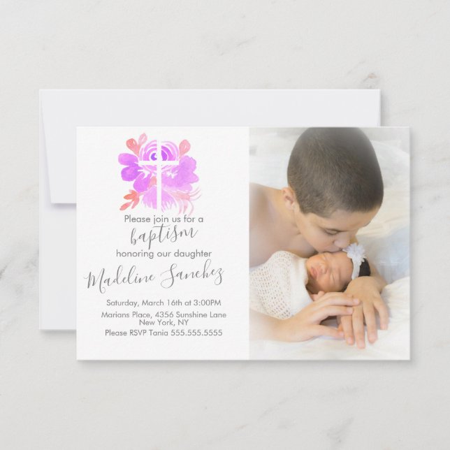 Watercolor Floral Baptism Pink Baby Dedication  Invitation (Front)